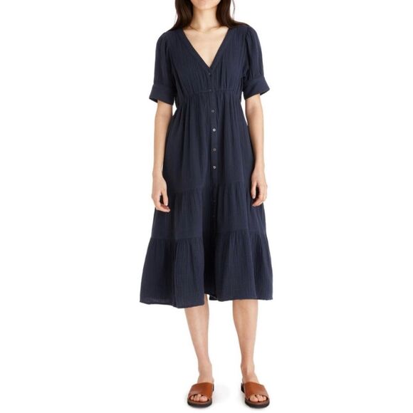 Madewell Lightspun Tiered Button Front Midi Dress Navy Size 8 - Picture 1 of 7